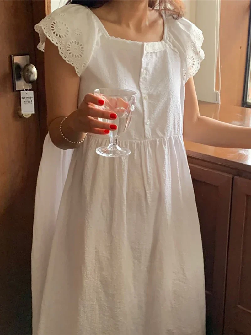 Victorian Women'S Formal Wear - เกาหลี Kawaii Lounge ชุดราตรีฤดูร้อนสาวหวานผ้าฝ้ายลูกไม้แขนสั้น Nightdress Victorian