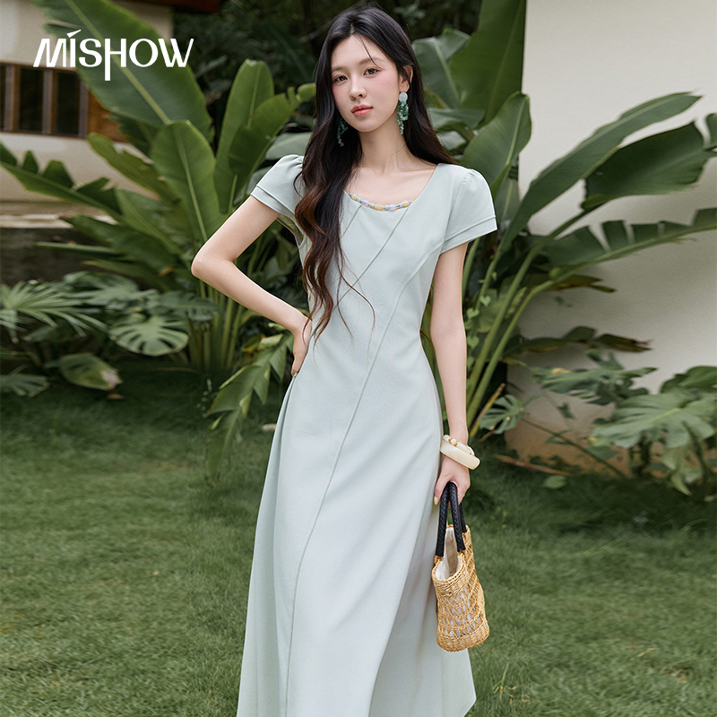 Women'S Green Formal Wear - ชุดเดรสยาวระดับกลางสีเขียวสำหรับผู้หญิง MISHOW รุ่น 2026 ฤดูร้อน แขนสั้นทรงพองสไตล์ฝรั่งเศส