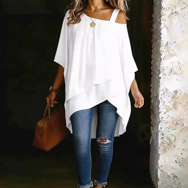 Women'S Formal Wear Blouse - เสื้อเชิ้ตแฟชั่นผู้หญิงทรงหลวมแบบสบายๆ ไหล่ตก แขนทรงปีกค้างคาว เสื้อเปิดไหล่ข้างเดียว เสื้อคลุมฤดูร้อนสีพื้น แขนยาว