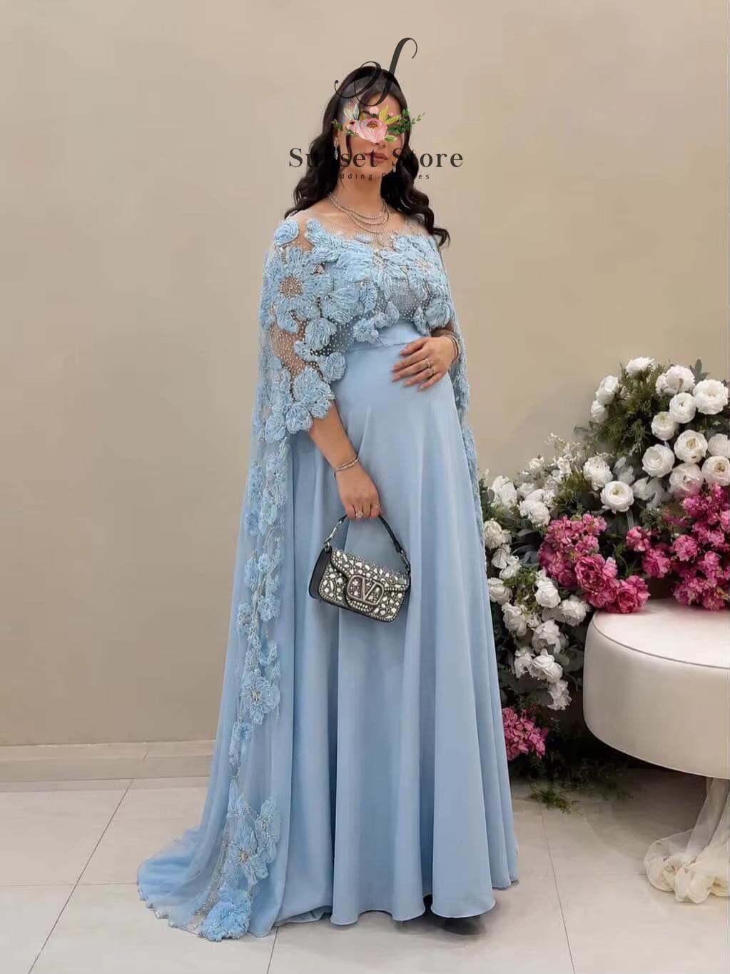 Formal Attire Woman - ชุดราตรีสายเดี่ยวแบบสปาเก็ตตี้สั่งทำพิเศษ พร้อมผ้าคลุมสีน้ำเงิน ทรงเอไลน์ ชุดออกงานสำหรับหญิงตั้งครรภ์ 2 ชิ้น