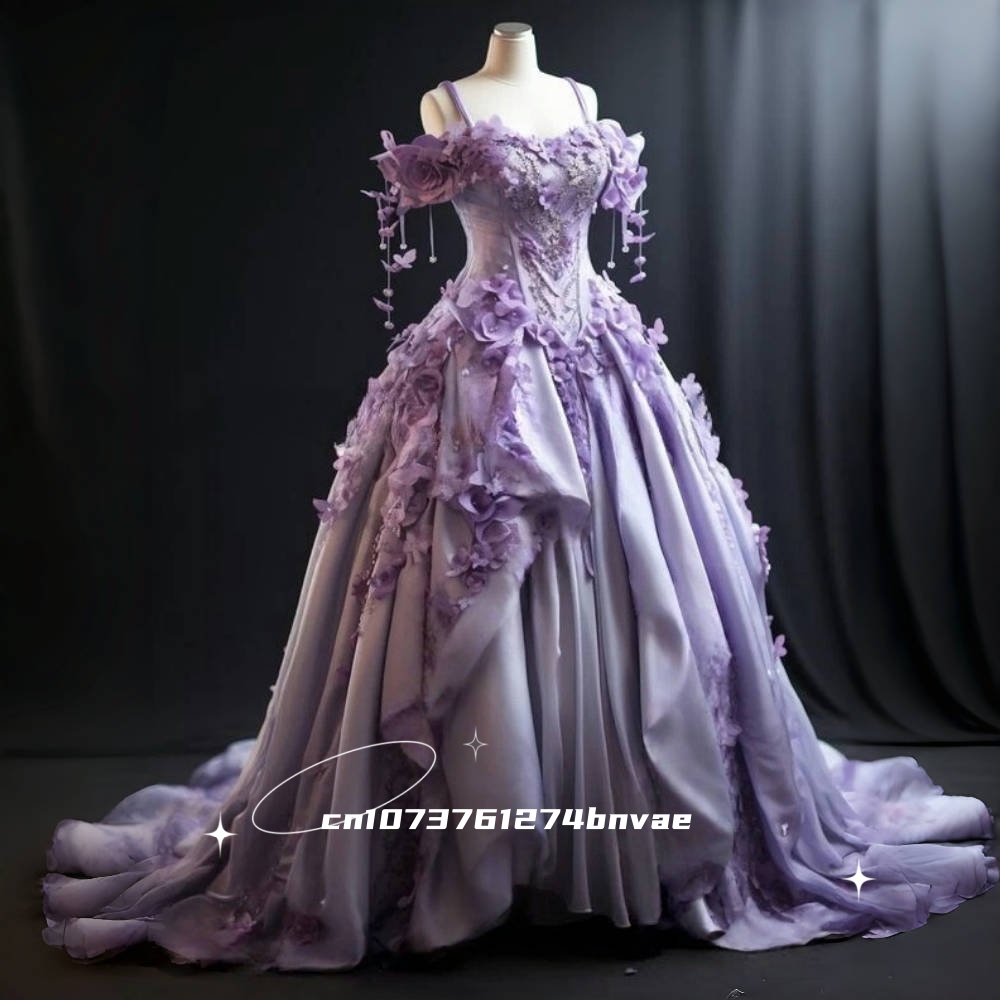 Victorian Women'S Formal Wear - Elegant Floral Victorian พรหมปิดไหล่ลาเวนเดอร์ซาติน Ball Gown