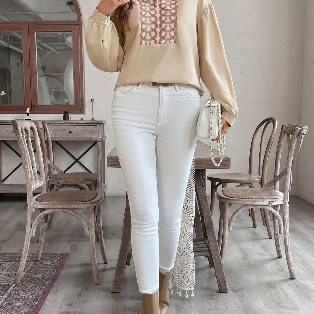 Women Formal Wear Shirts - เสื้อผู้หญิงสไตล์เรโทรสุดชิค ลายดอกไม้ คอตั้ง แขนยาว เสื้อเชิ้ตแฟชั่นลำลองสุดหรู สไตล์ฤดูใบไม้ผลิ