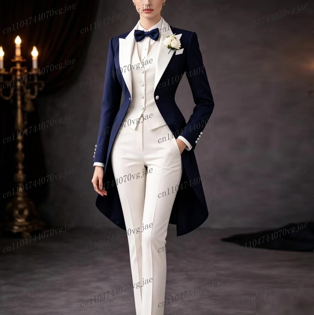 Formal Attire Woman - ชุดสูทผู้หญิงสีน้ำเงินกรมท่าและสีขาวแบบยาว สำหรับงานพิธีการ งานแต่งงาน งานพรอม ชุดทักซิโด้สำหรับคุณแม่และเด็กผู้หญิง ชุด