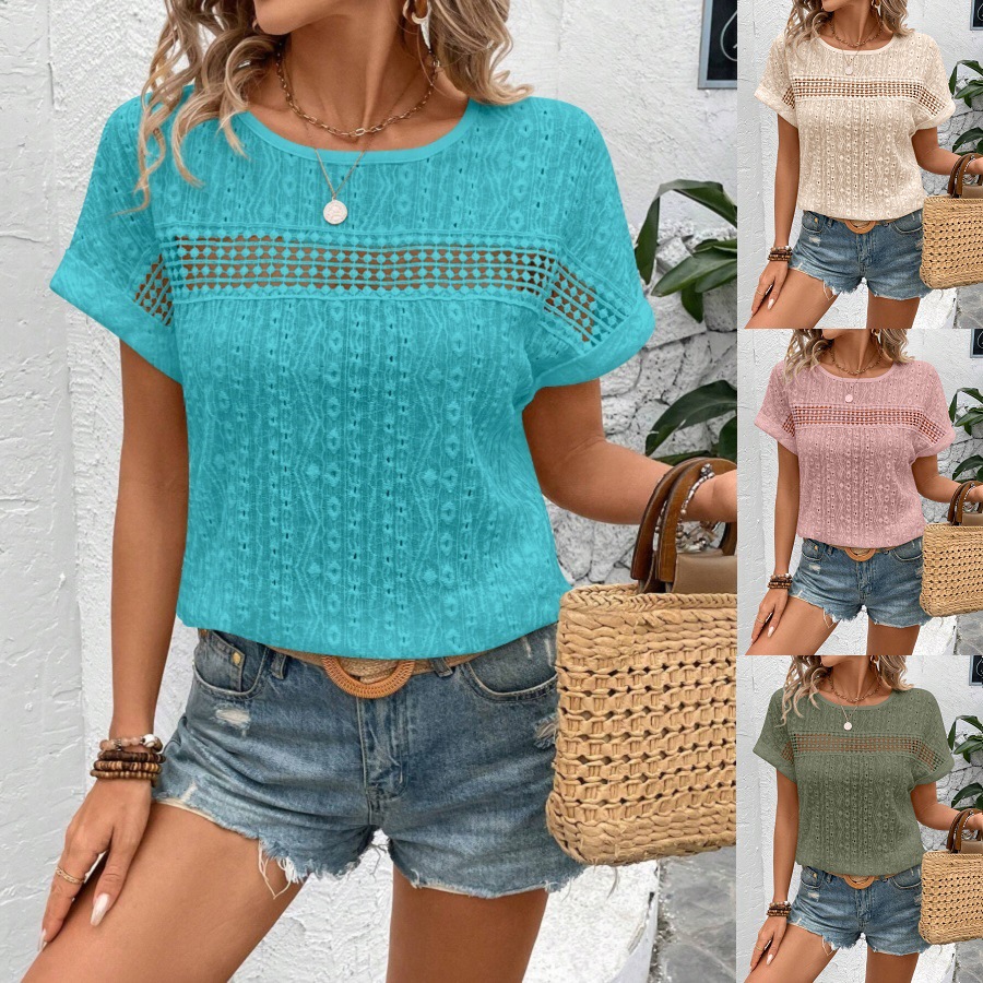 Women Formal Wear Tops - ผู้หญิงเสื้อฤดูร้อนแฟชั่นแขนสั้น Hollow OUT เสื้อลําลอง O-คอเสื้อหลวม PLUS