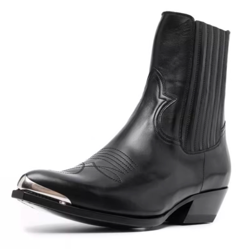 Women Formal Wear Western - รองเท้าบูทเชลซีหนังสีดำสำหรับผู้ชาย หัวแหลม ปลายโลหะ ส้นบล็อก สไตล์คาวบอย ใส่ได้ทั้งลำลองและเป็นทางการ