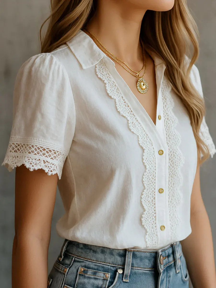 Women Formal Wear Tops - เสื้อเชิ้ตผู้หญิงหรูหรา สไตล์ลำลอง สีพื้น ปกเสื้อติดกระดุม ปักลายลูกไม้ ตกแต่งด้วยผ้าปะติดปะต่อ