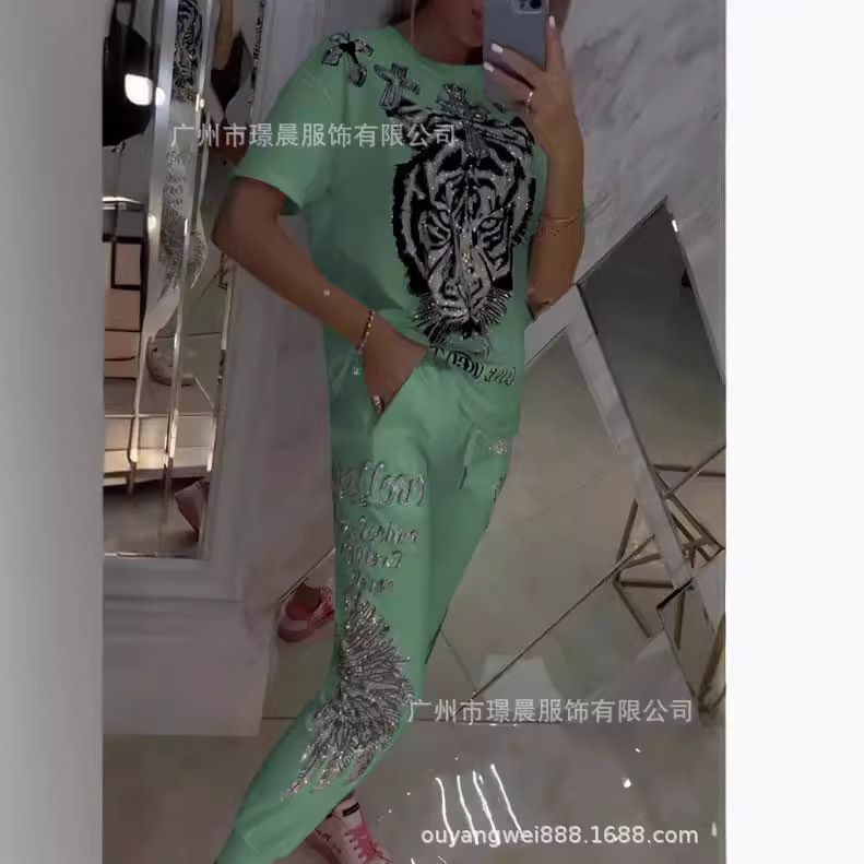 Women Formal Wear Tops - ชุดสูทผู้หญิงลายพิมพ์ คอกลม แขนสั้น เสื้อผูกเชือก กางเกงขายาว ชุดลำลองใหม่