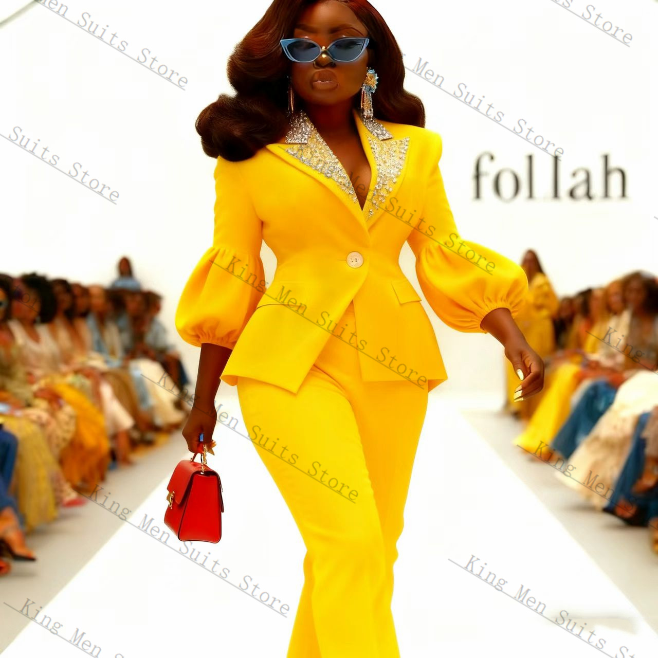 Yellow Formal Wear Women - ชุดสูทผู้หญิงสีเหลืองคริสตัล 2 ชิ้น เสื้อเบลเซอร์+กางเกง ผ้าฝ้ายสำหรับฤดูใบไม้ผลิ แบบสั่งตัดได้