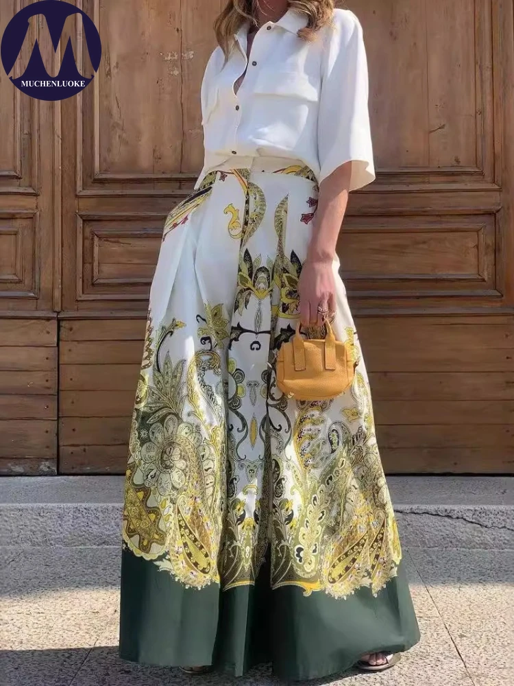 Women Formal Wear Tops - ชุดเซ็ต 2 ชิ้นสำหรับผู้หญิง ฤดูร้อน เสื้อแขนสั้นทรงหรูหรา และกางเกงขายาวทรงหลวมแฟชั่นลำลอง