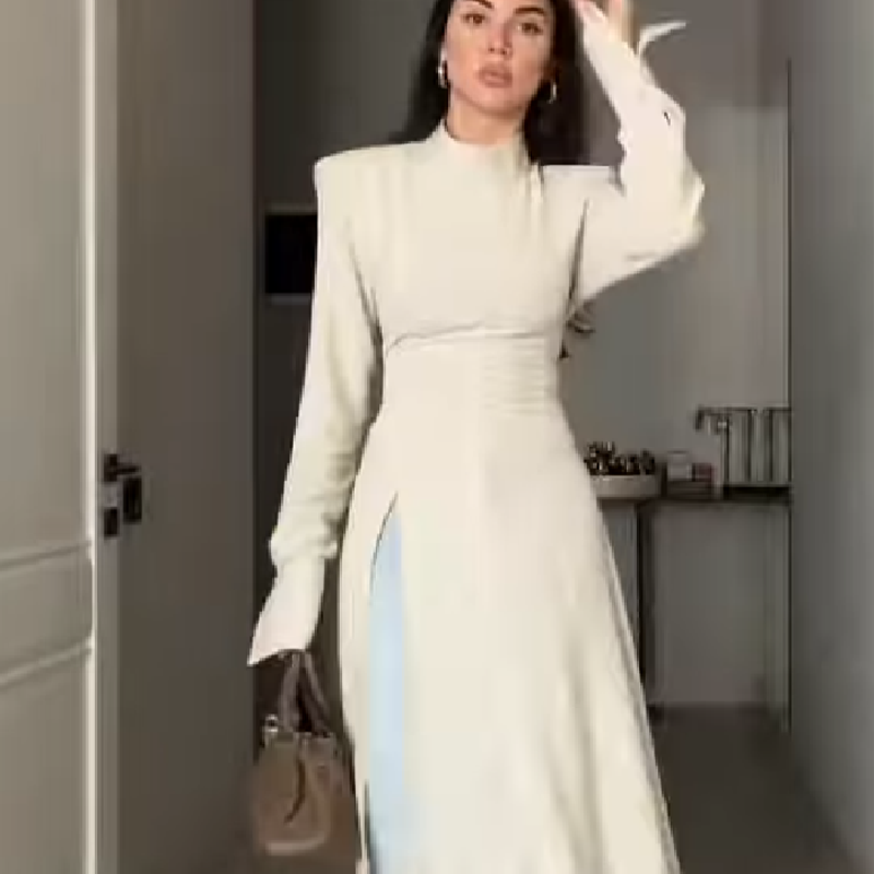Women Formal Wear Tops - เดรสยาวคอสูงแขนยาวสำหรับผู้หญิง ดีไซน์หรูหรา ช่วยกระชับสัดส่วน พร้อมชายกระโปรงผ่า เหมาะสำหรับออกเดท งานเลี้ยงกลางคืน