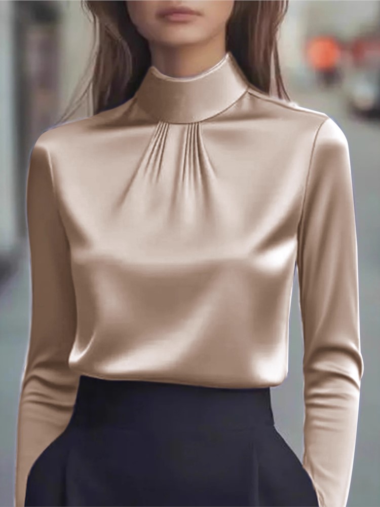 Women'S Formal Wear Blouse - เสื้อเชิ้ตแขนยาวสีพื้นเรียบหรูสไตล์ฤดูใบไม้ร่วงสำหรับผู้หญิง เสื้อคอตั้งจีบสีพื้นเรียบง่ายเหมาะสำหรับใส่ทำงานและหลากหลายโอกาส