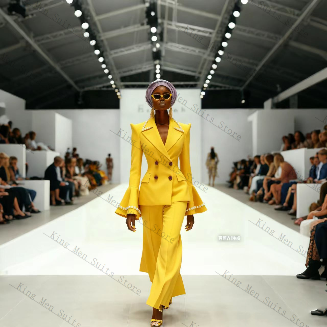 Yellow Formal Wear Women - ชุดสูทผู้หญิงสีเหลืองมุก 2 ชิ้น เสื้อเบลเซอร์+กางเกงทรงบาน แขนยาว แบบสั่งตัดได้