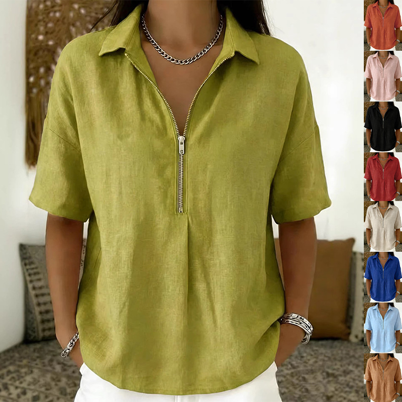 Women Formal Wear Tops - เสื้อเบลาส์ออฟฟิศแบบมีซิป ปกคอพับได้ ดีไซน์หรูหรา สวมใส่สบาย ทรงหลวม สีพื้น