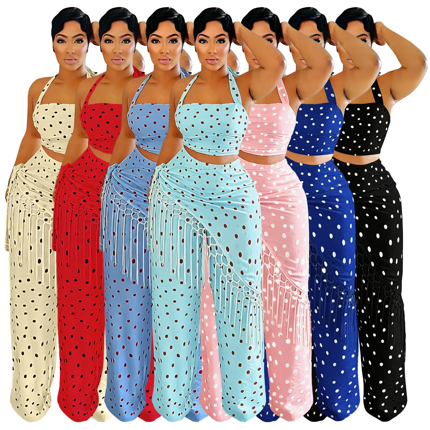 Women Formal Wear Tops - ชุดกางเกงผู้หญิง ชุดสองชิ้น สายเดี่ยวเซ็กซี่ เสื้อแขนกุด สายคล้องคอ กางเกงขายาว