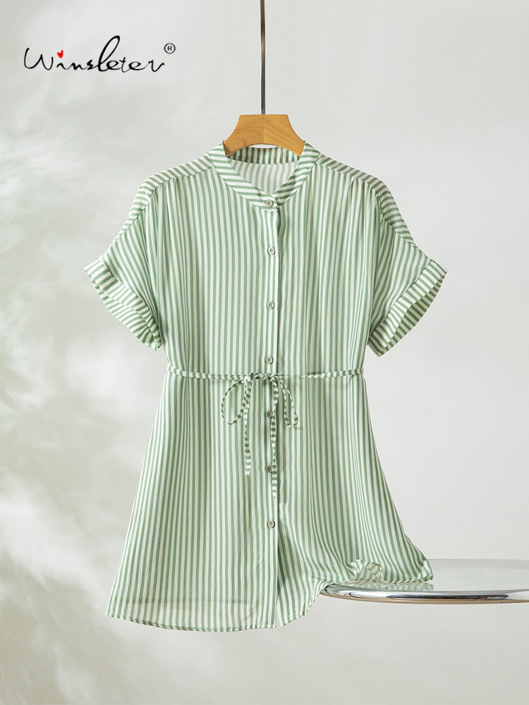 Silk Blouse Button - วินสเล็ตเตอร์-100% เสื้อเชิ้ตผ้าไหมแท้ ดับเบิ้ลเครป ดีไซน์หรูหรา แขนสั้น ลายทาง