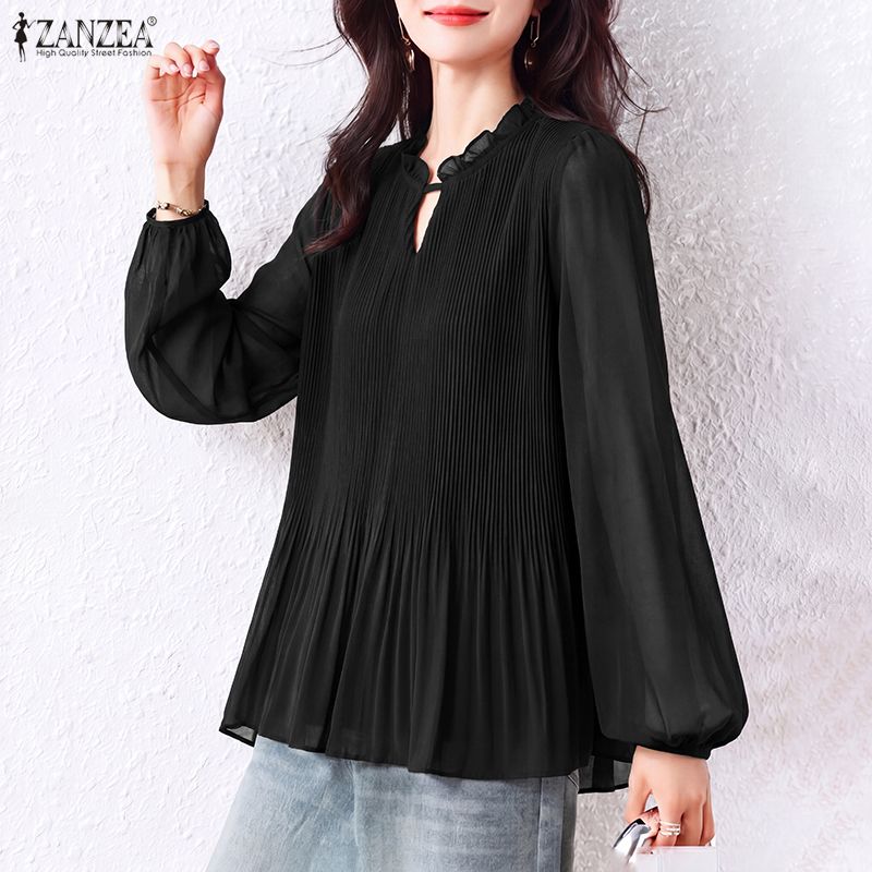 Women'S Formal Wear Blouse - เสื้อผู้หญิงสำหรับฤดูใบไม้ผลิและฤดูใบไม้ร่วง เสื้อชีฟองลำลอง คอวี แขนยาวทรงโคมไฟ พร้อมดีไซน์จีบและระบาย ZANZEA