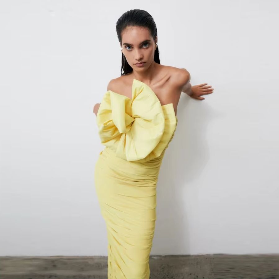Yellow Formal Wear Women - ชุดราตรีสีเหลืองแบบอาหรับ จับจีบระบาย ชุดออกงาน ชุดพรอม ผ่าหลัง ผ่าข้าง