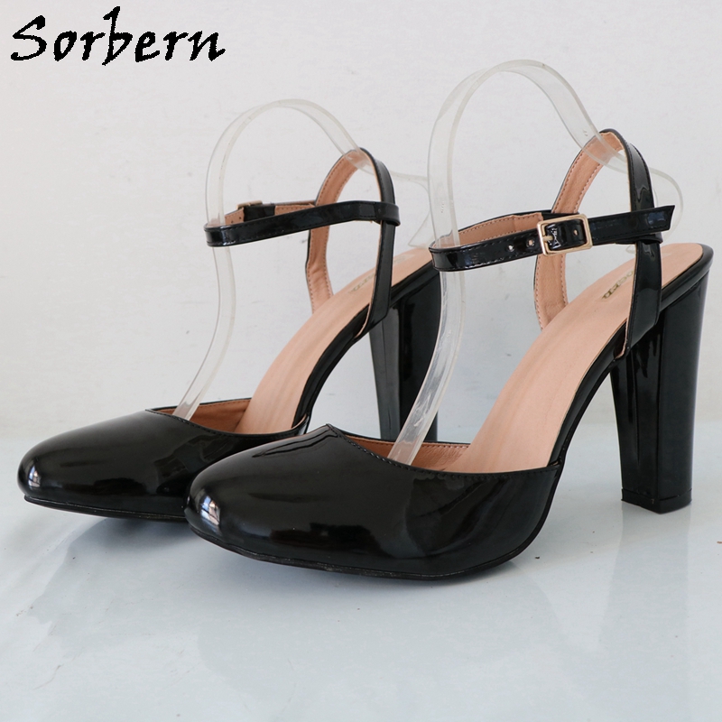 Pump Heel Block - Sorbern รองเท้าสายรัดข้อเท้าส้นตึกสีดำเงาวาวผู้หญิงรองเท้าปั๊มหัวมนหัวมนสไตล์วินเทจกำหนดขนาดพิเศษ