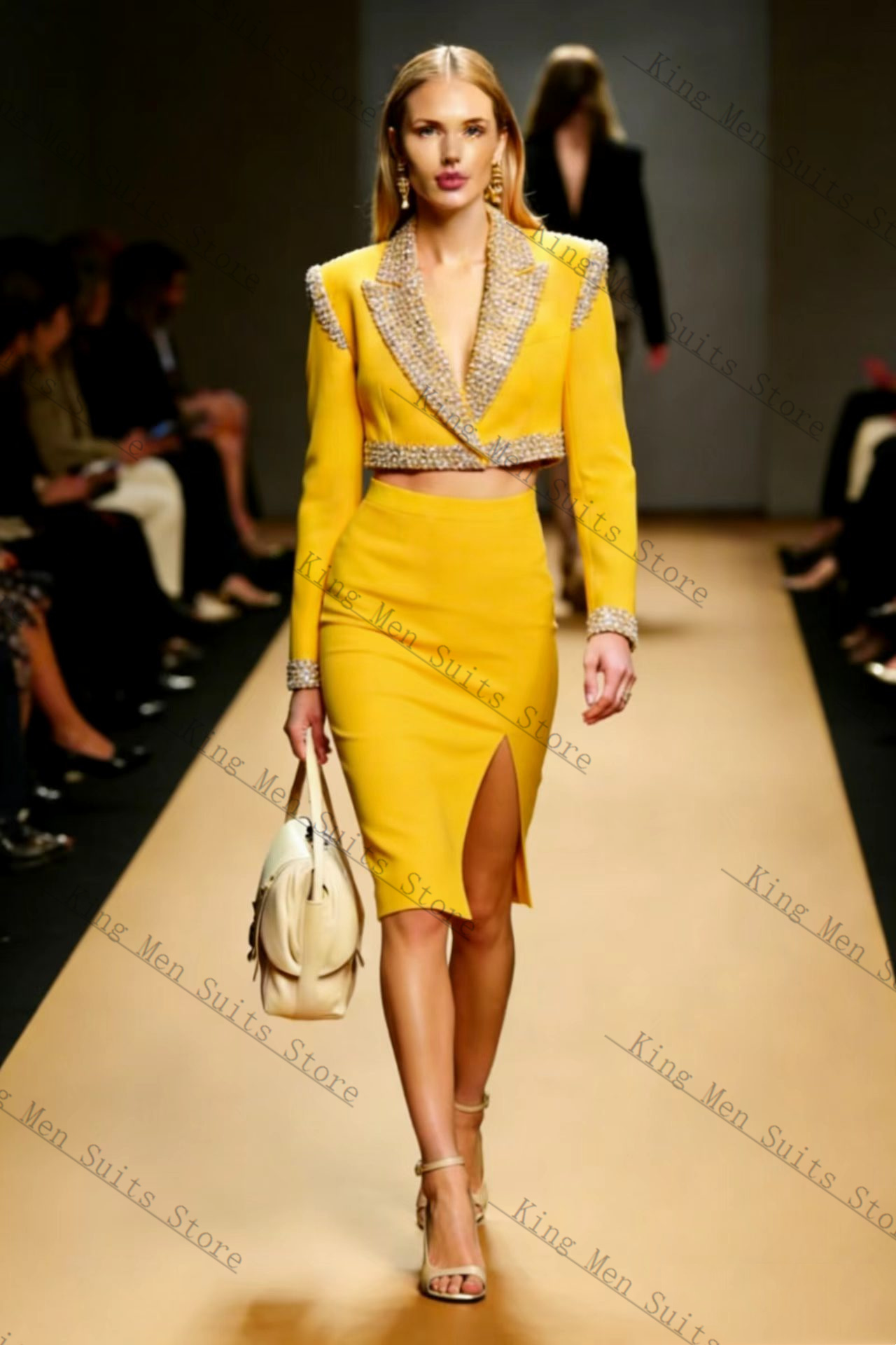 Yellow Formal Wear Women - ชุดกระโปรงสูทผู้หญิงสีเหลือง 2 ชิ้น เสื้อเบลเซอร์+ชุดราตรี ชุดทักซิโด้สำหรับงานแต่งงาน ชุดออกงาน