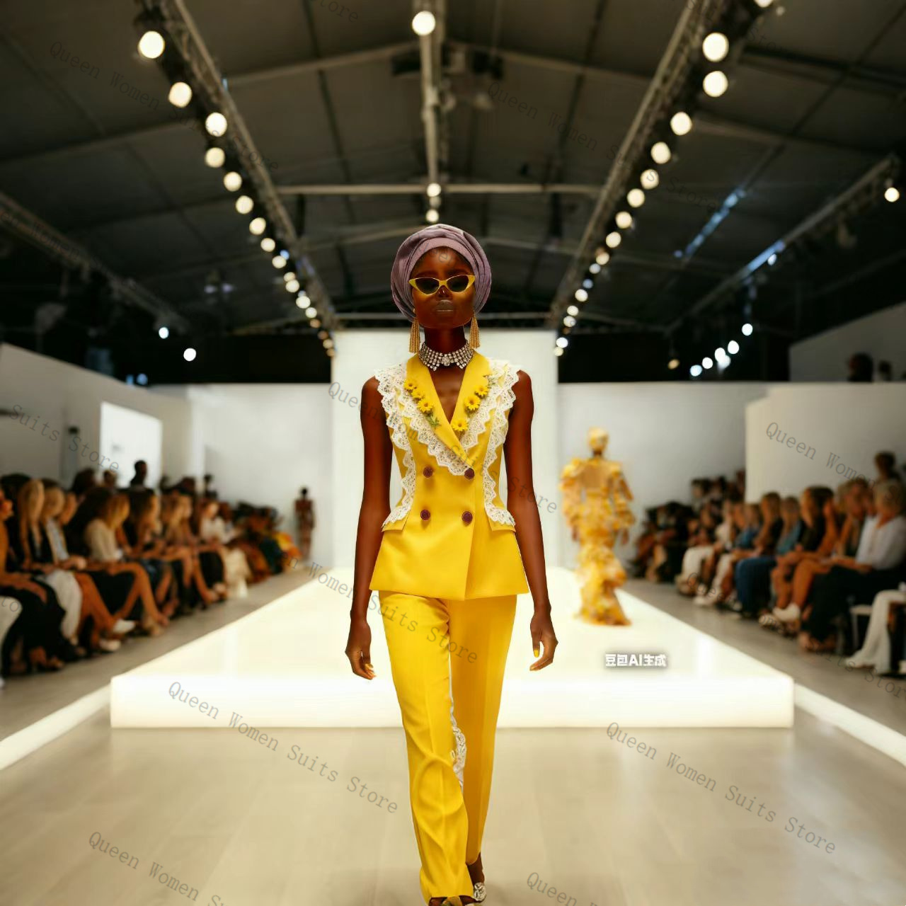 Yellow Formal Wear Women - ชุดสูทผู้หญิงสีเหลืองขาว ผ้าลูกไม้ 2 ชิ้น เสื้อกั๊ก+กางเกง ชุดออกงาน