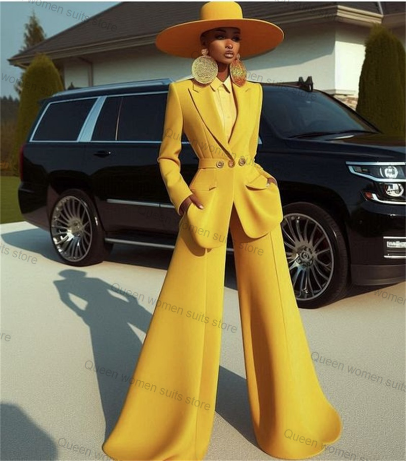 Yellow Formal Wear Women - ผ้าฝ้ายสีเหลืองผู้หญิงชุด 2 ชิ้นเสื้อ + กางเกงขากว้างอย่างเป็นทางการ Office