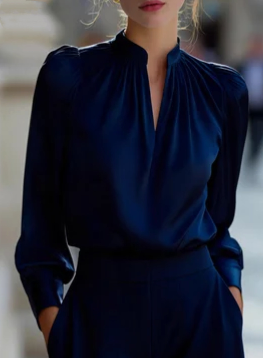 Women Formal Wear Shirts - เสื้อเบลาส์ผ้าซาตินคอตั้งแขนยาวทรงหรูหราสำหรับผู้หญิง ดีไซน์จับจีบด้านหน้า ทรงเข้ารูป เหมาะสำหรับใส่ทำงานในออฟฟิศ
