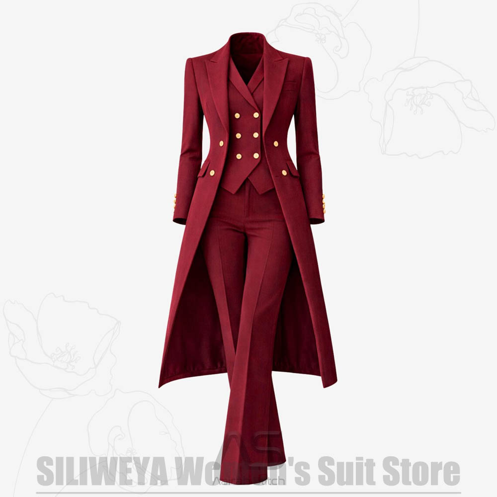 Women Formal Wear Shirts - ชุดสูทผู้หญิง 3 ชิ้น แบบกระดุมสองแถว เสื้อโค้ทยาว เสื้อกั๊ก