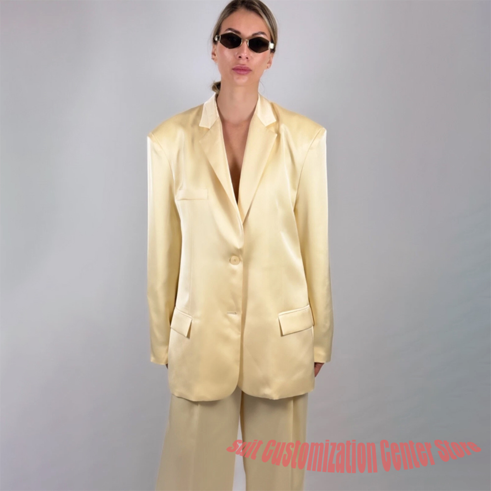 Yellow Formal Wear Women - ชุดกางเกงผ้าซาตินสีเหลืองสำหรับผู้หญิง สไตล์ลำลอง กระดุมแถวเดียว ทรงหลวม ชุดลำลองแบบเป็นทางการ เหมาะสำหรับใส่ในชีวิตประจำวันและงานเลี้ยงตอนเย็น