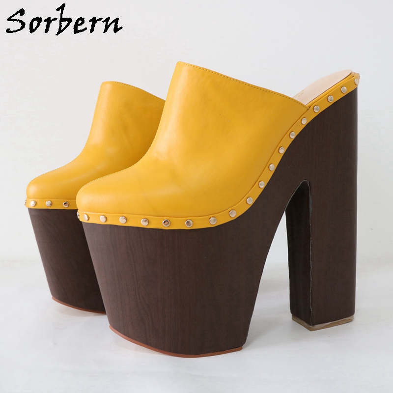 Pump Heel Block - Sorbern ขิงสีเหลืองปั๊มรองเท้า24ซม.ผู้หญิงล่อ Rivet Punk อุดตันไม้สไตล์กว้าง Heels