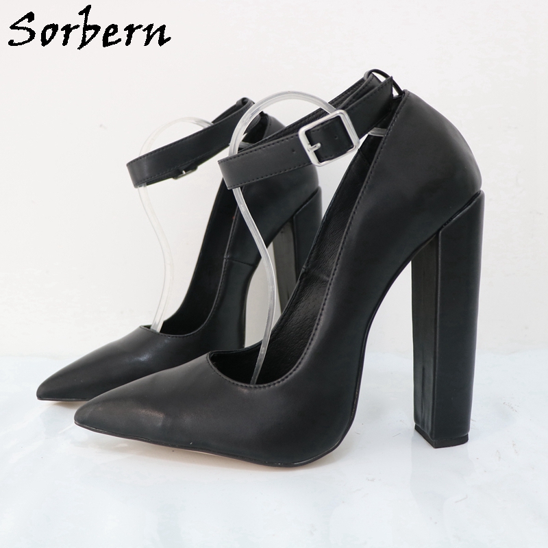 Pump Heel Block - Sorbern รองเท้าผู้หญิงขนาดใหญ่, รองเท้า Eu47สายรัดข้อเท้าหัวแหลมส้นตึกสีดำด้านสีที่กำหนดเอง