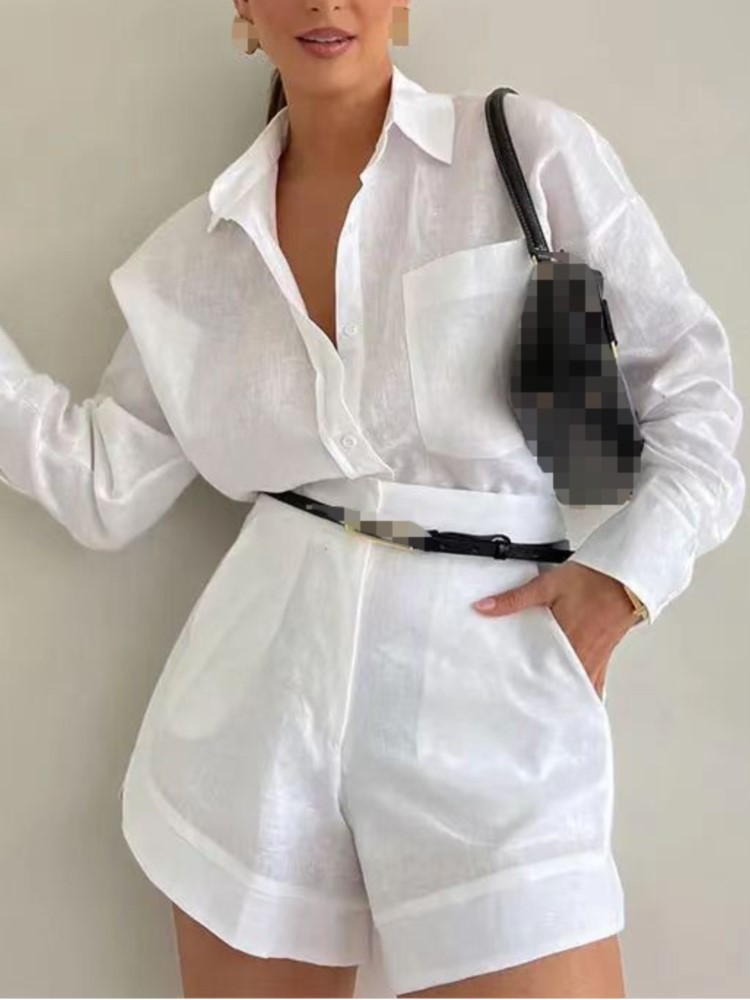 Women'S Formal Wear Blouse - ฤดูร้อนสบายๆชุดสตรีปุ่มกระเป๋าเสื้อสั้นกางเกงแขนยาว 2 ชิ้นชุดวันหยุด Solid เสื้อชุด