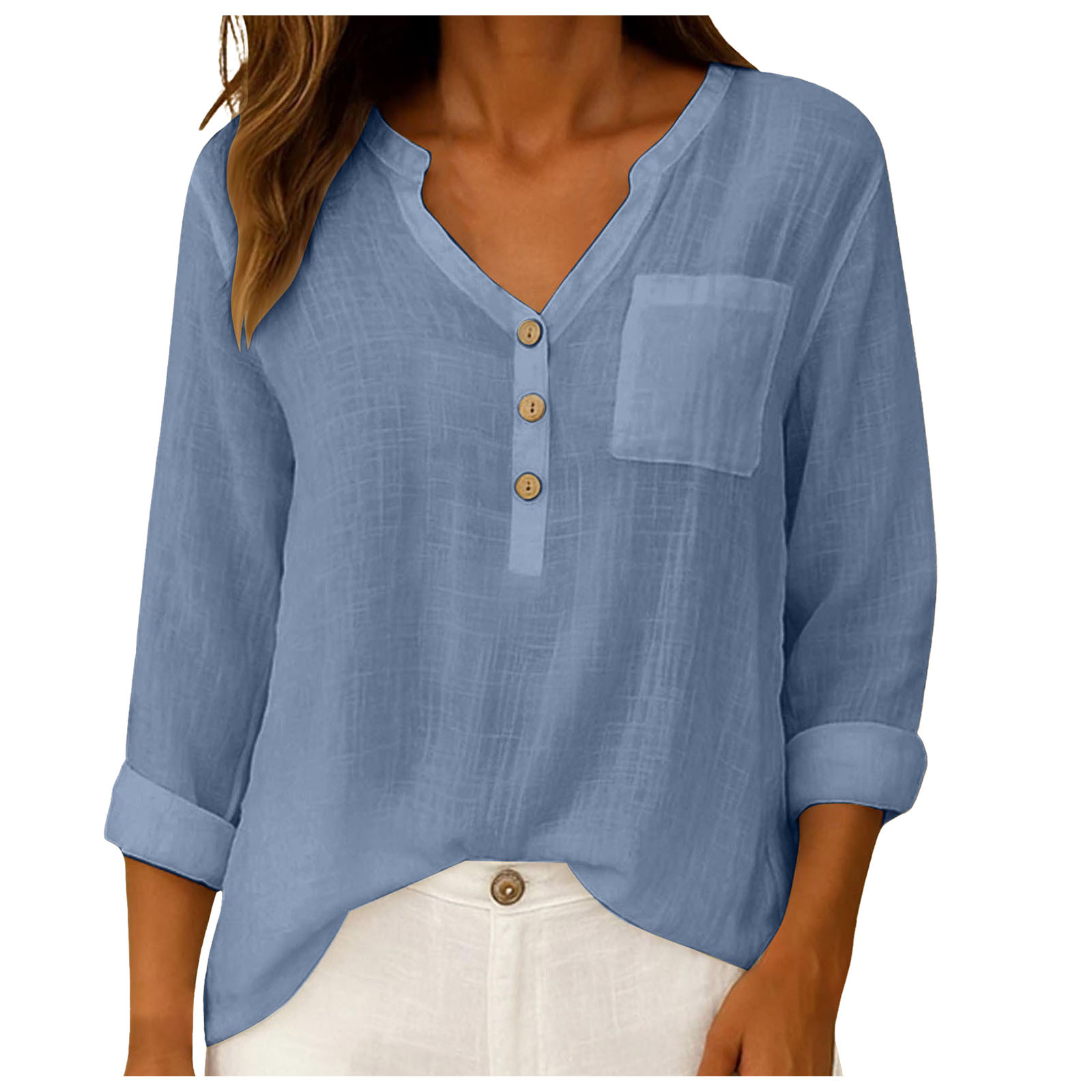 Women'S Formal Wear Blouse - เสื้อเชิ้ตผ้าฝ้ายลินินสำหรับฤดูร้อน เสื้อผู้หญิง คอวี ติดกระดุม แขนยาว เสื้อทรงหลวมลำลอง