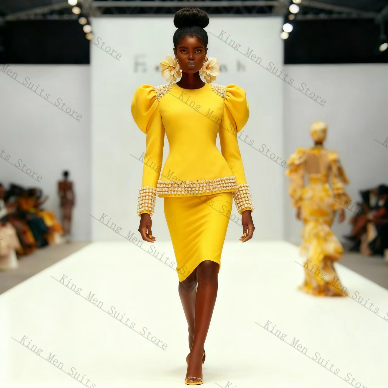 Yellow Formal Wear Women - ชุดสูทผู้หญิงสีเหลืองดำ 2 ชิ้น เสื้อเบลเซอร์+ชุดเดรสสั้นทรงมินิ ไหล่พอง ออกแบบได้ตามต้องการ