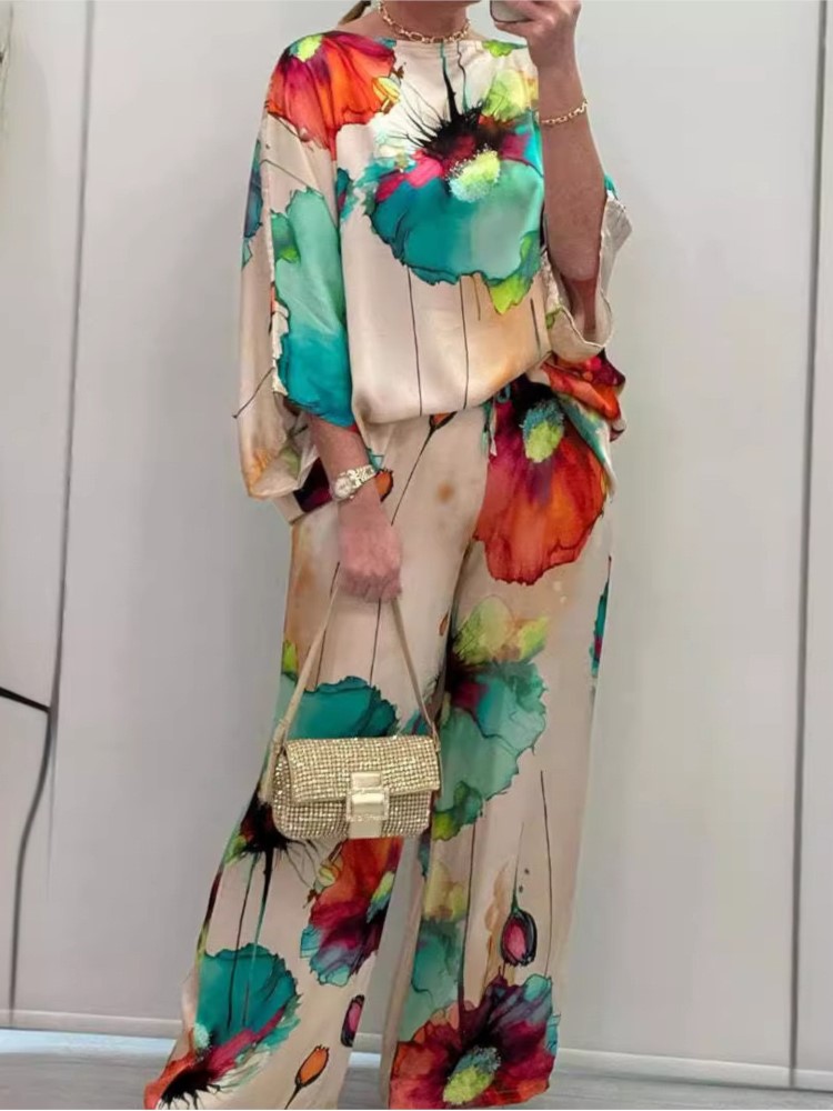 Women Formal Wear Tops - ฤดูใบไม้ผลิฤดูใบไม้ร่วงผู้หญิงเสื้อ 2 ชิ้นชุดใหม่แฟชั่น Slash คอยาวแขนยาวพิมพ์ชุด Lady
