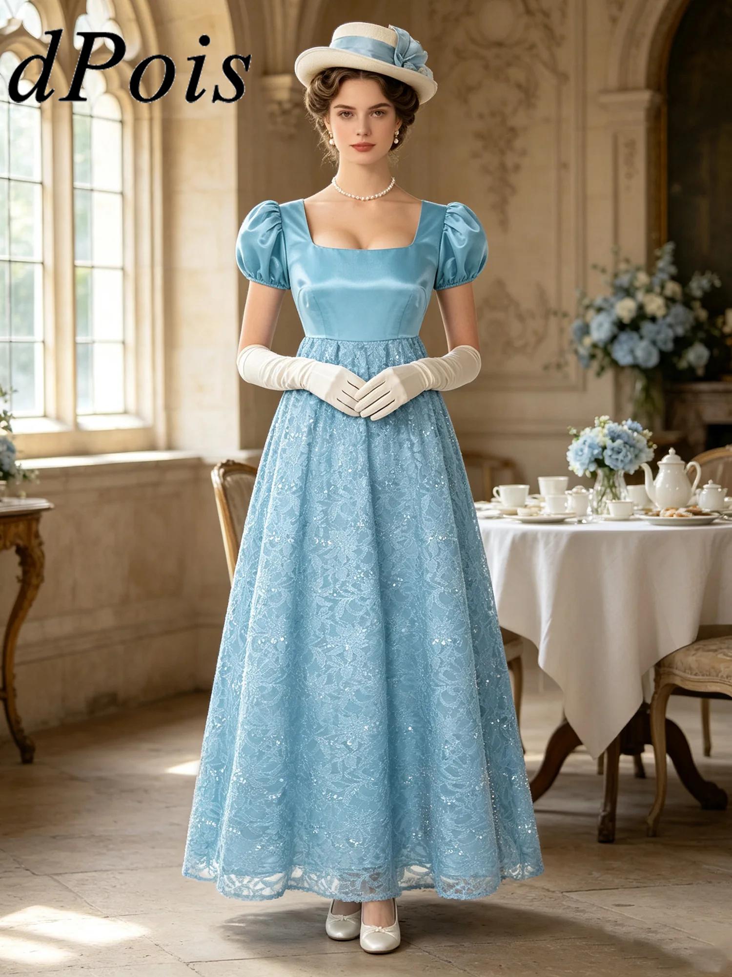 Victorian Women'S Formal Wear - ชุดเดรสวินเทจสำหรับผู้หญิง ชุดราตรีสไตล์เรเจนซี่ คอเหลี่ยม ชุดปาร์ตี้หรูหรา ชายกระโปรงลูกไม้ปักเลื่อม ชุดเดรสยาวสไตล์วิคตอเรียน