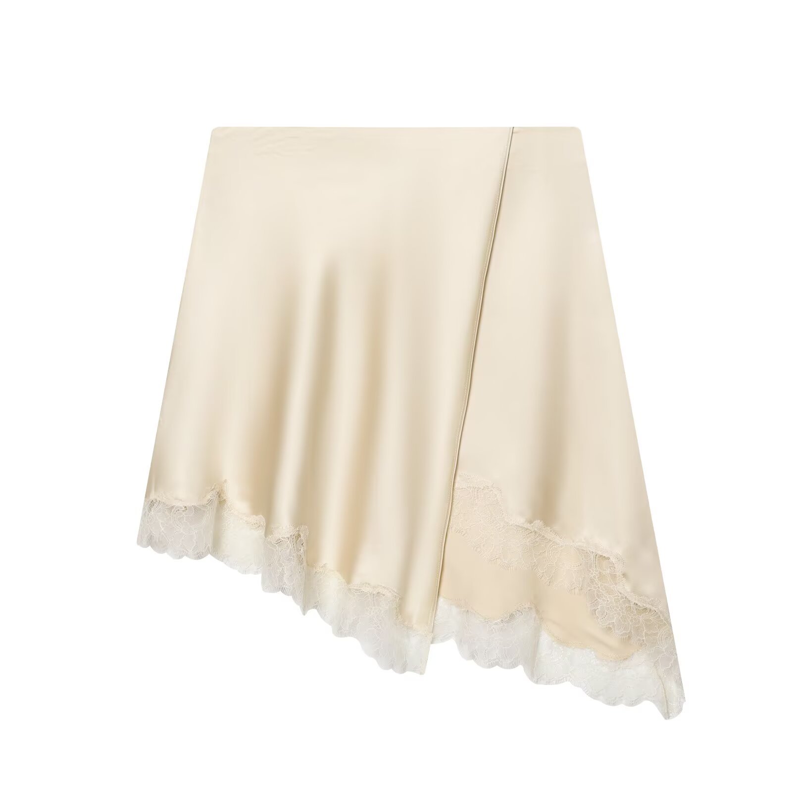 Yellow Formal Wear Women - กระโปรงผ้าซาตินแต่งขอบลูกไม้สีเบจสำหรับผู้หญิง สไตล์หรูหรา ใส่ได้ทุกวัน ให้ลุคเรียบหรู ดูมีเสน่ห์ AYYP