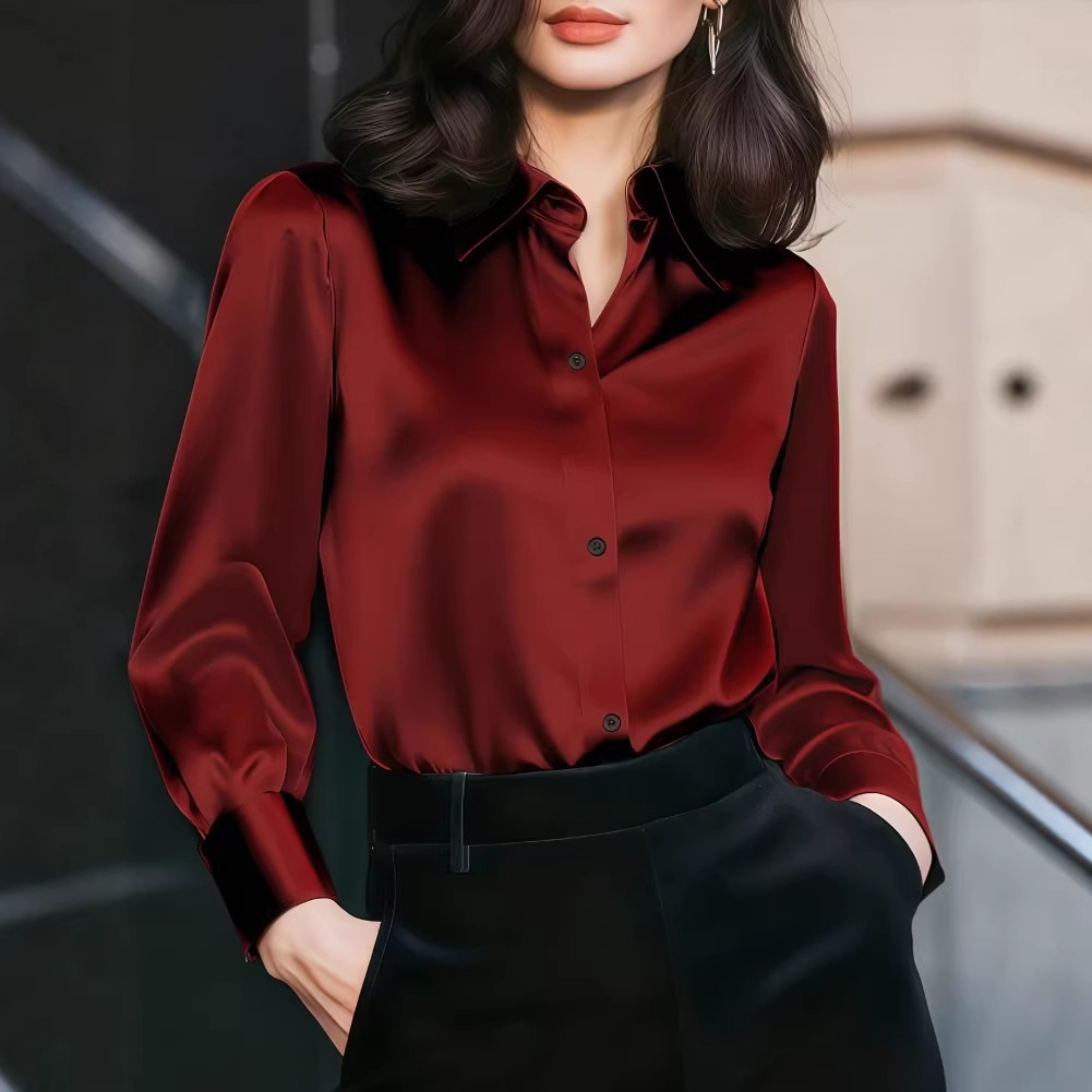 Women Formal Wear Shirts - เสื้อผู้หญิงคอปกผ้าซาติน กระดุมด้านหน้า แขนยาว ปลายแขนพับได้ ดีไซน์หรูหรา เหมาะสำหรับใส่ทำงานหรือในชีวิตประจำวัน