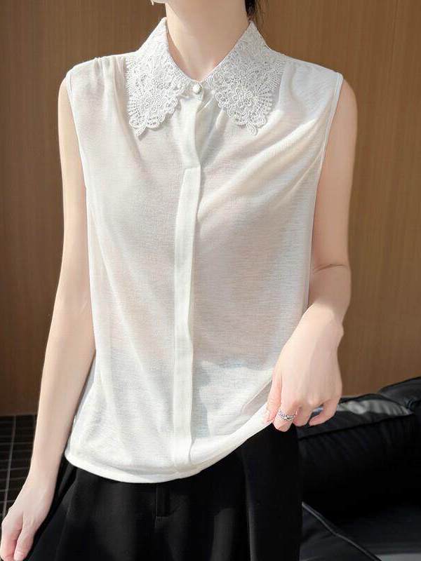 Women Formal Wear Shirts - เสื้อถักไม่มีแขนแต่งลูกไม้สำหรับผู้หญิง เสื้อกั๊กสีพื้น เสื้อยืดที่เข้ากับชุดทางการ เสื้อซับในทรงหลวม ยืดหยุ่นสูง
