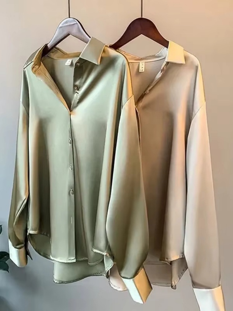 เสื้อเชิ้ตผ้าซาตินทรงหลวมสำหรั - Silk Blouse Button บทวิจารณ์และราคา