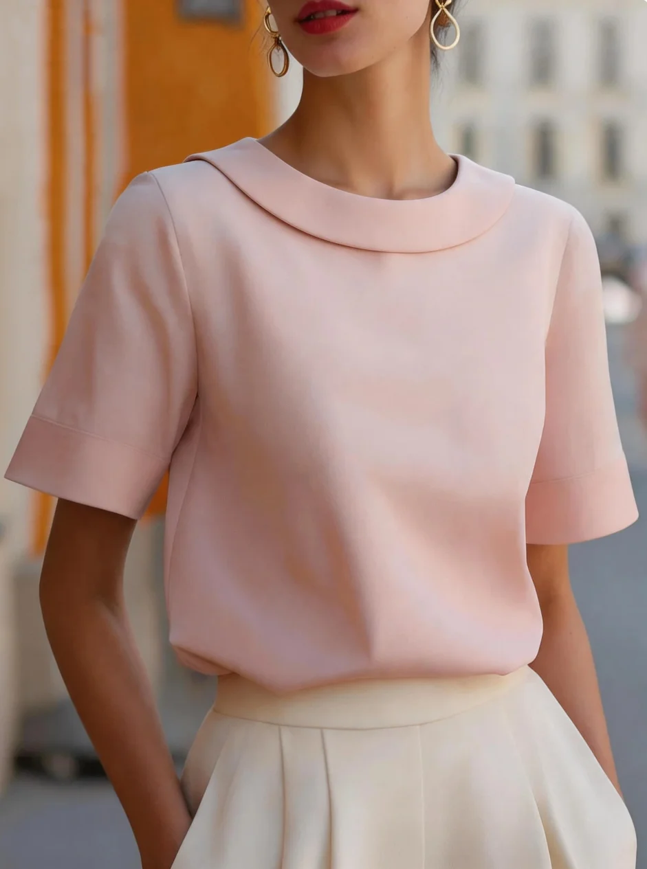 เสื้อผู้หญิงแขนสั้น คอกลม สีพื - Women Formal Wear Tops บทวิจารณ์และราคา
