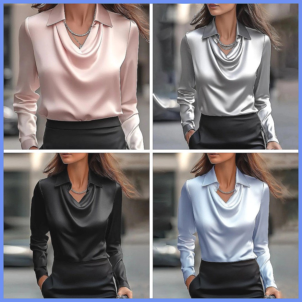 เสื้อซาตินวินเทจผู้หญิง แขนยาว - Silk Blouse Button บทวิจารณ์และราคา