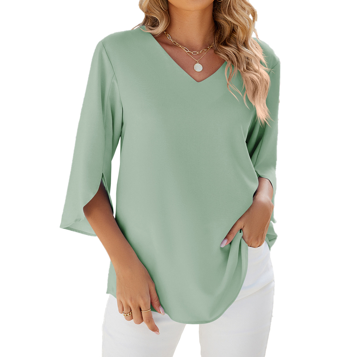 Elegant สีทึบผู้หญิงเสื้อชีฟอง - Women Formal Wear Tops บทวิจารณ์และราคา