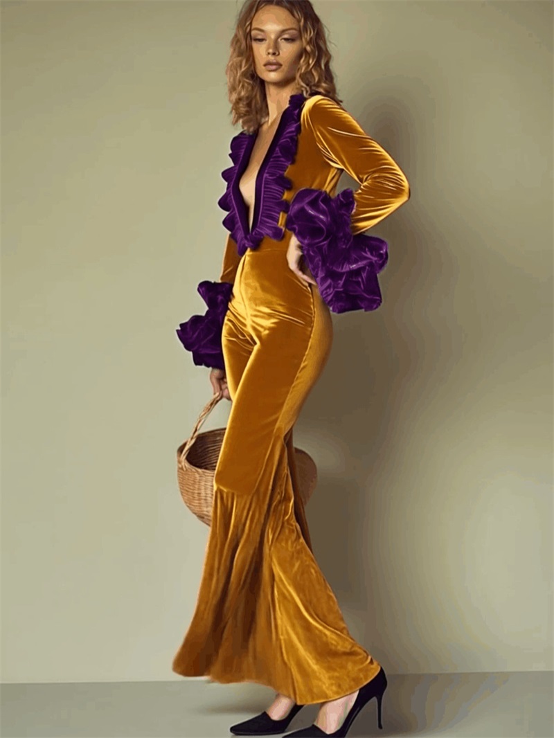 จั๊มสูทกำมะหยี่สีเหลืองม่วงสำห - Yellow Formal Wear Women บทวิจารณ์และราคา