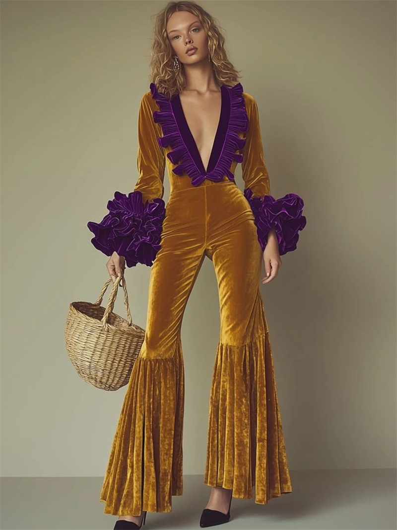 จั๊มสูทกำมะหยี่สีเหลืองม่วงสำห - Yellow Formal Wear Women บทวิจารณ์และราคา